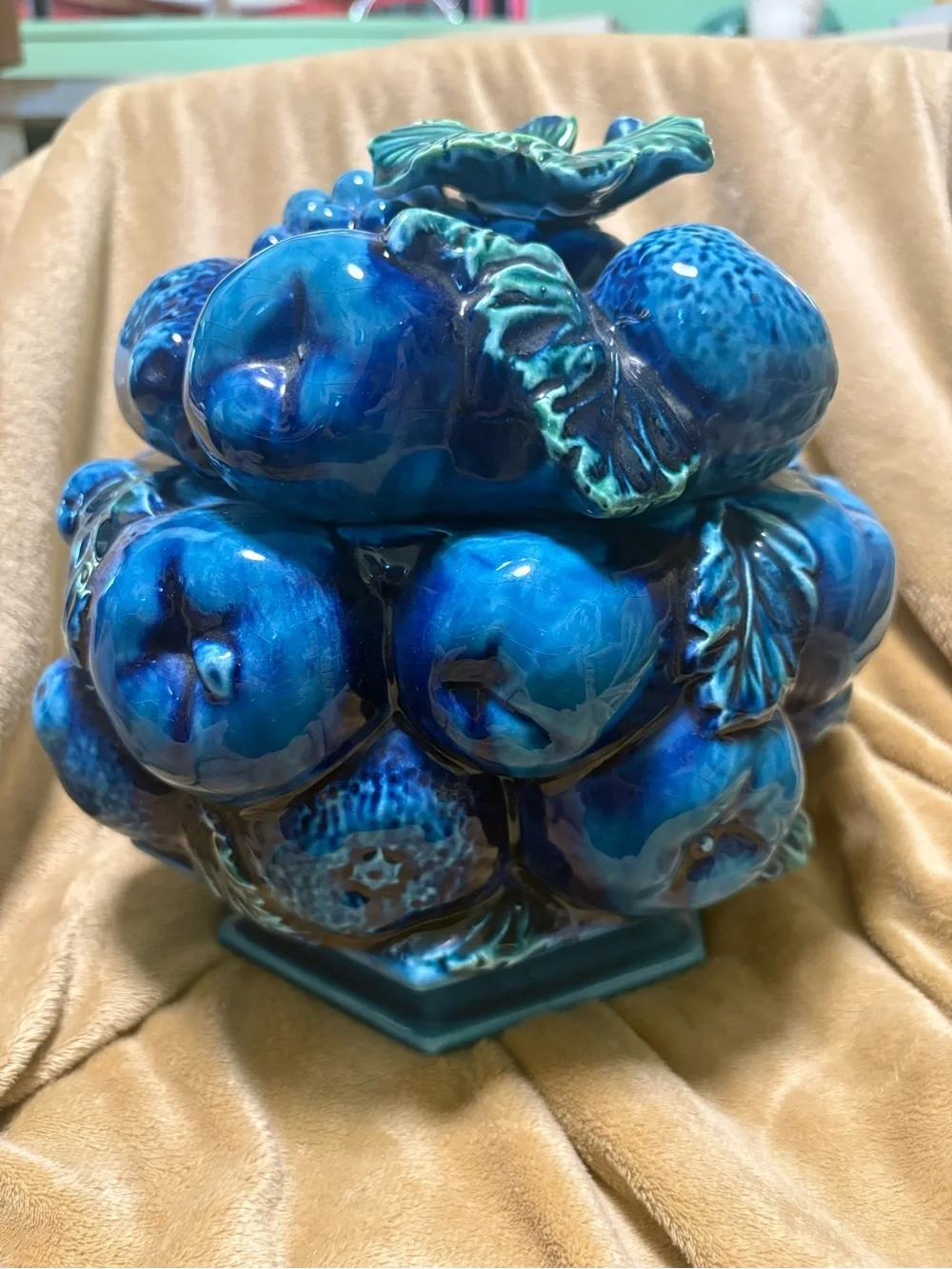 Decorative Blue Ceramic Fruit Jar - Glazed Storage Accent